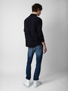 Serge Suede Shirt - Navy blue crinkled suede long-sleeved shirt with button closure.