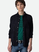 Serge Suede Shirt - Navy blue crinkled suede long-sleeved shirt with button closure.