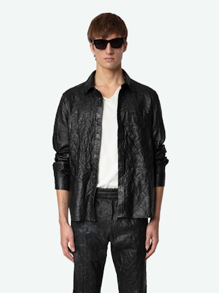 Serge Leather Shirt - Black crinkled leather shirt with button fastening and pocket.