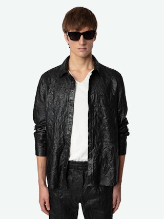 Serge Leather Shirt - Black crinkled leather shirt with button fastening and pocket.