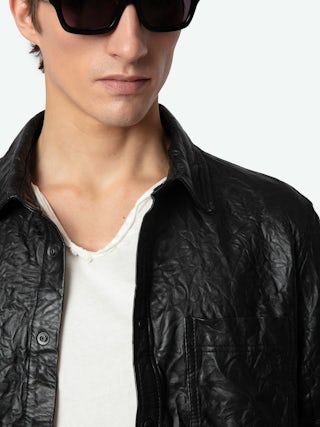 Serge Leather Shirt - Black crinkled leather shirt with button fastening and pocket.