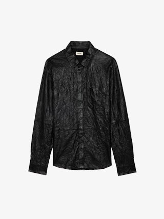 Serge Leather Shirt - Black crinkled leather shirt with button fastening and pocket.