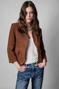 Verys Creased Suede Jacket - Women’s crumpled leather blazer in cognac colour