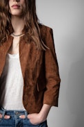 Verys Creased Suede Jacket - Women’s crumpled leather blazer in cognac colour