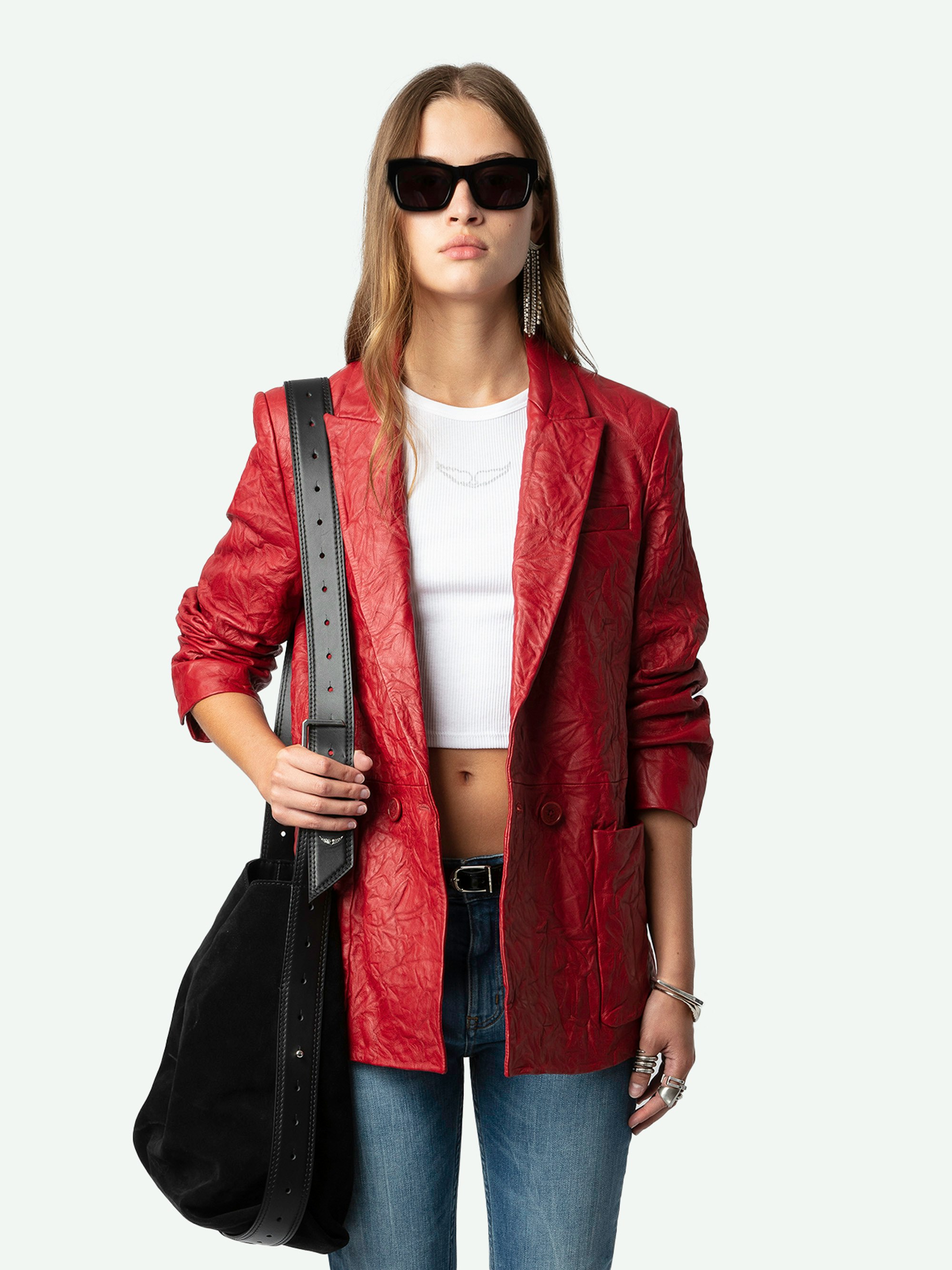 Visko Crinkled Leather Blazer - Women’s red crinkled leather long-sleeved jacket.