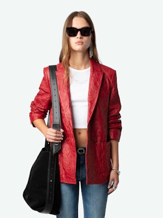 Blazer Visko 100% Cuir Froissé - Women’s red crinkled leather long-sleeved jacket.
