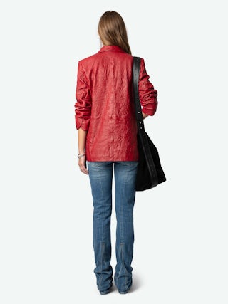 Blazer Visko 100% Cuir Froissé - Women’s red crinkled leather long-sleeved jacket.