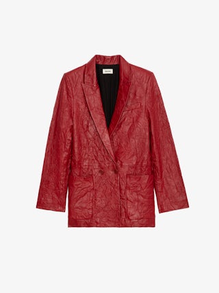 Blazer Visko 100% Cuir Froissé - Women’s red crinkled leather long-sleeved jacket.