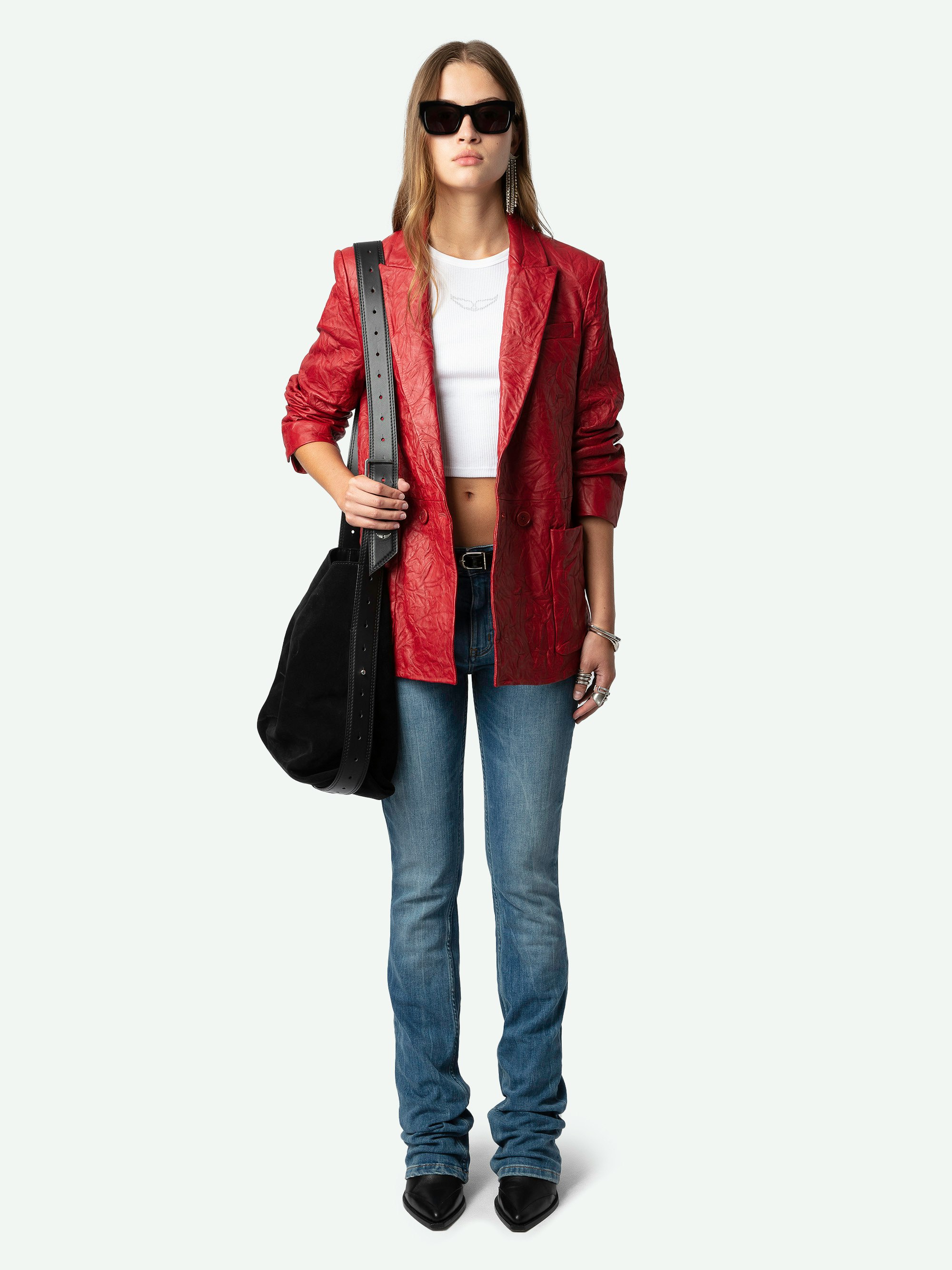 Visko Crinkled Leather Blazer - Women’s red crinkled leather long-sleeved jacket.