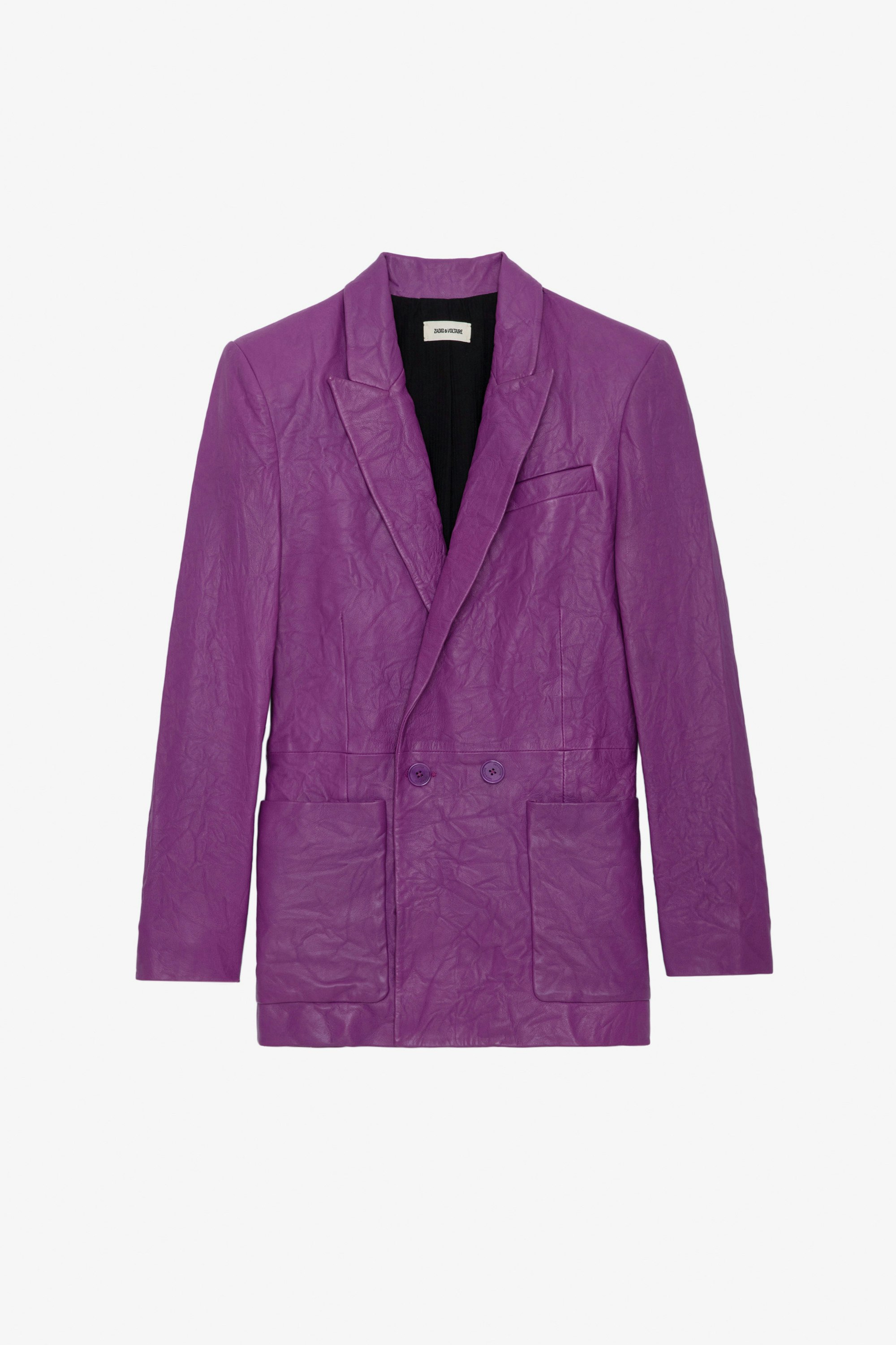 Blazer Visko Cuir Froissé - Veste blazer en cuir froissé violet à fermeture boutonnée et poches.