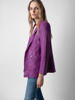 Blazer Visko 100% Cuir Froissé - Veste blazer en cuir froissé à fermeture boutonnée et poches.