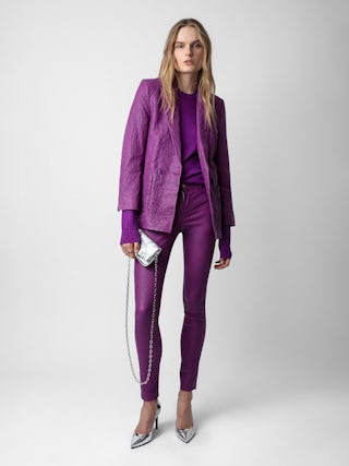 Blazer Visko 100% Cuir Froissé - Veste blazer en cuir froissé à fermeture boutonnée et poches.
