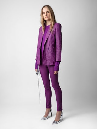 Blazer Visko 100% Cuir Froissé - Veste blazer en cuir froissé à fermeture boutonnée et poches.