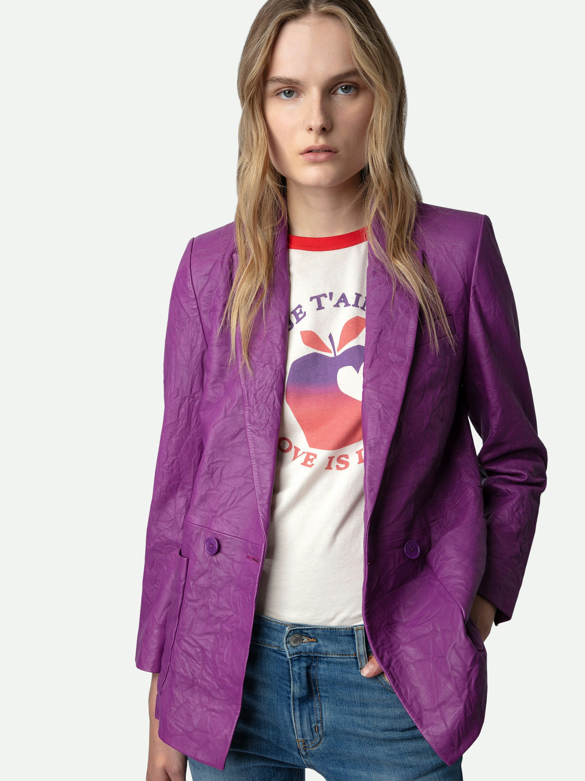 Visko Crinkled Leather Blazer - Women’s purple crinkled leather blazer with button fastening and pockets.