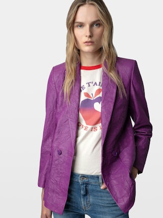 Blazer Visko 100% Crinkled Leather - Crinkled leather blazer jacket with button fastening and pockets.