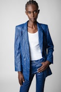 Blazer Visko 100% Cuero Arrugado - Chaqueta en piel arrugada azul con manga larga para mujer