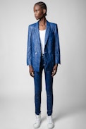 Blazer Visko 100% Cuero Arrugado - Chaqueta en piel arrugada azul con manga larga para mujer
