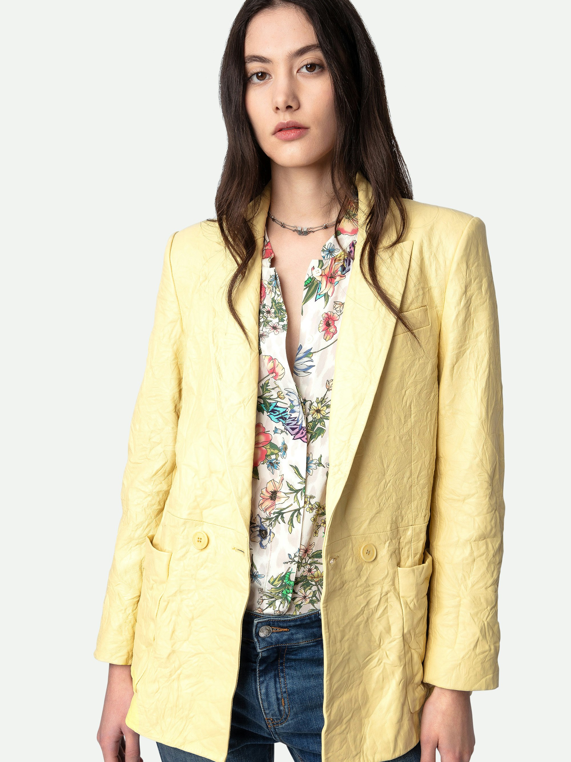 Visko Crinkled Leather Blazer - Women’s light yellow crinkled leather blazer with button fastening and pockets.