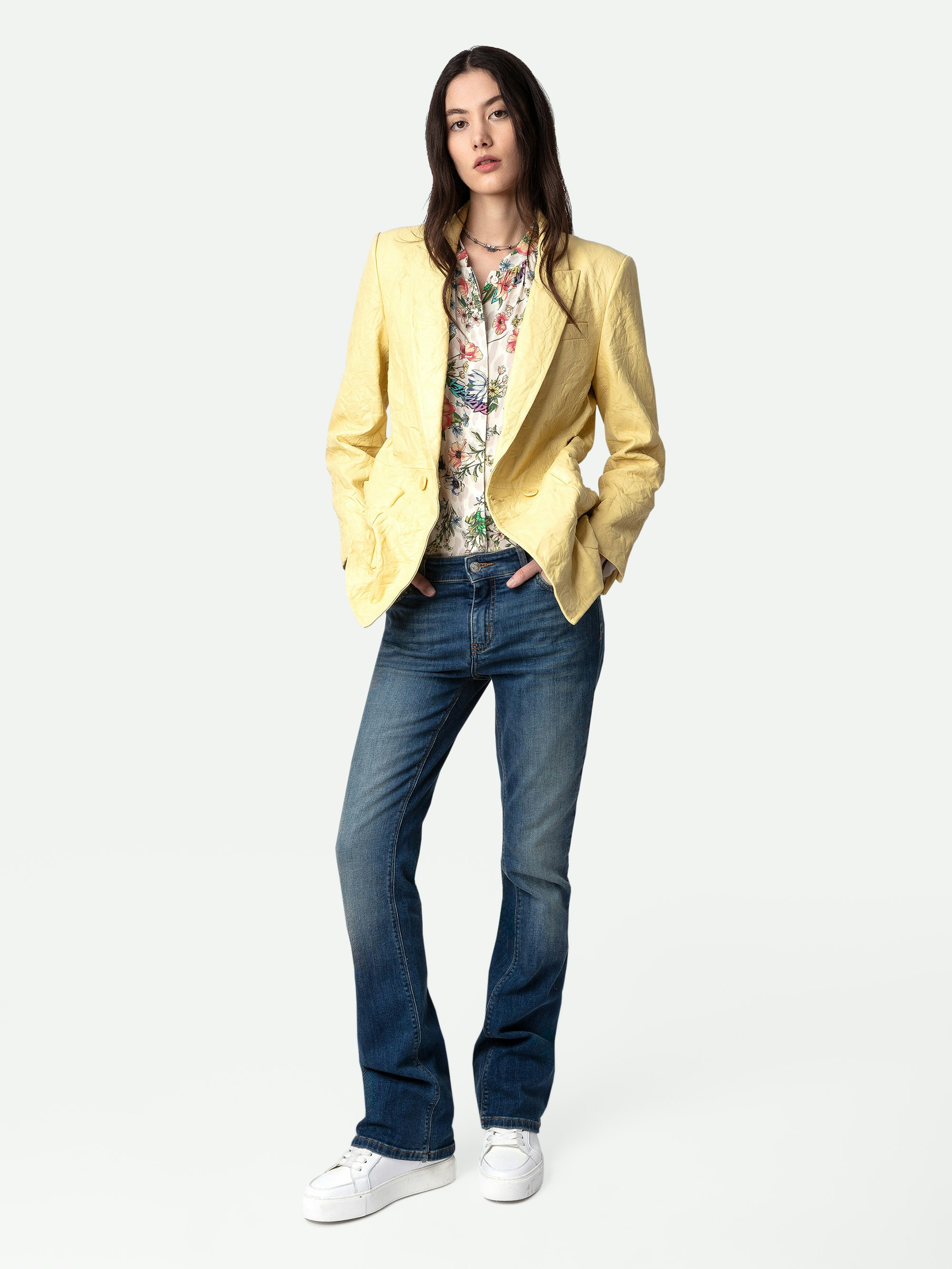 Visko Crinkled Leather Blazer - Women’s light yellow crinkled leather blazer with button fastening and pockets.
