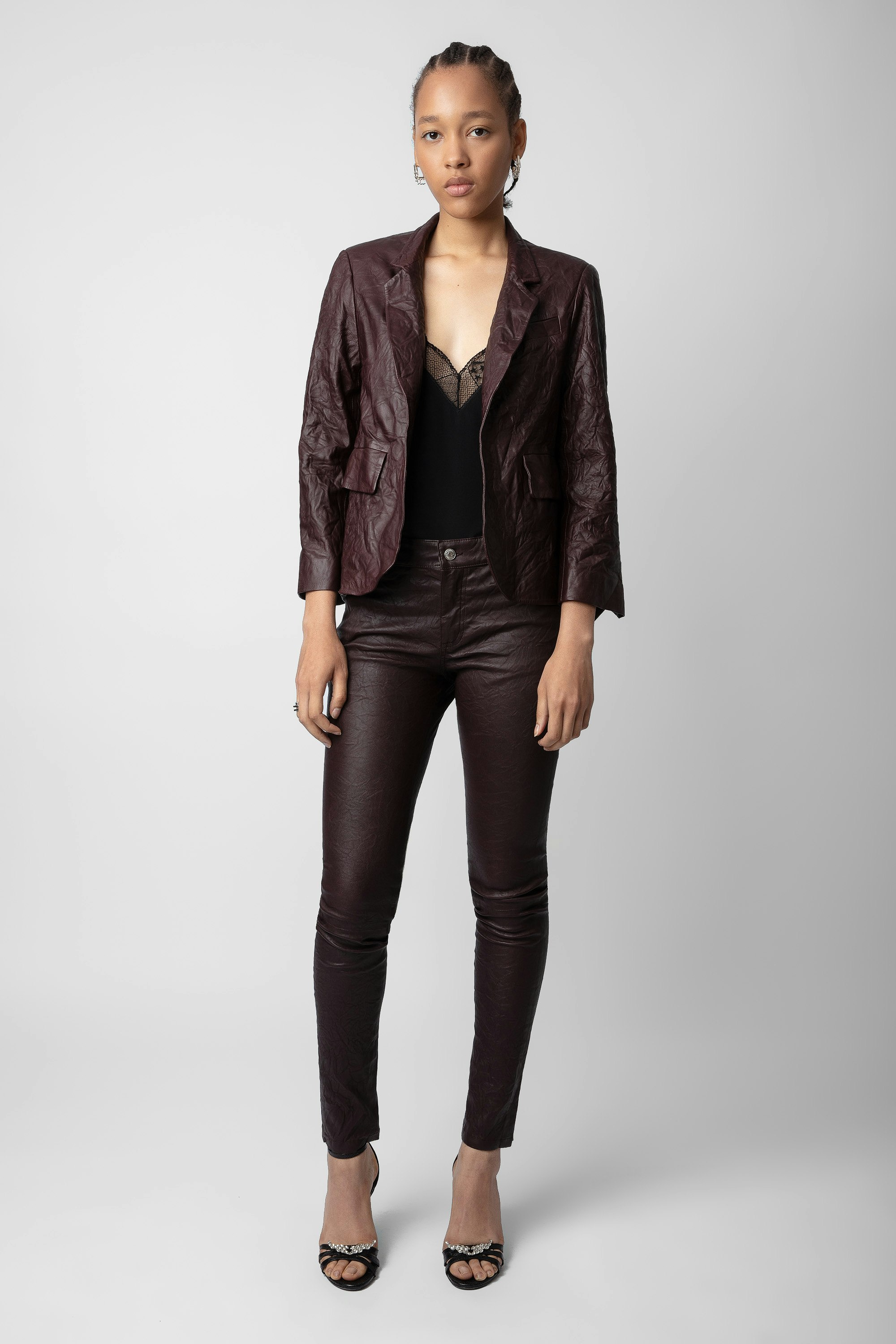 Verys Crinkled Leather Blazer - Women’s brown crinkled leather blazer with 3/4-length sleeves.