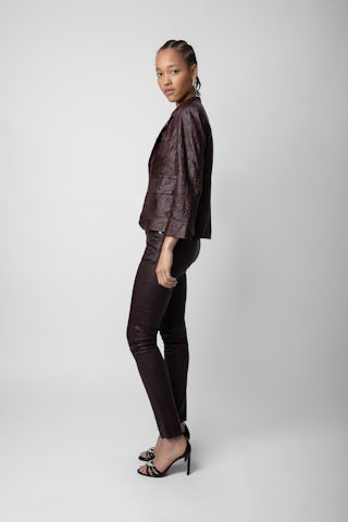 Blazer Verys Cuir Froissé - Veste blazer en cuir froissé marron à manches 3/4.