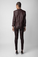 Verys Crinkled Leather Blazer - Women’s brown crinkled leather blazer with 3/4-length sleeves.