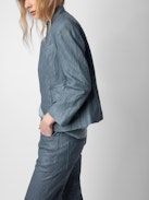 Verys Crinkled Leather Blazer - Women’s light blue crinkled leather blazer with 3/4-length sleeves.
