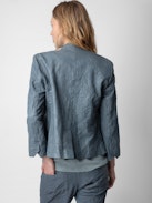 Verys Crinkled Leather Blazer - Women’s light blue crinkled leather blazer with 3/4-length sleeves.