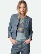 Verys Crinkled Leather Blazer - Women’s light blue crinkled leather blazer with 3/4-length sleeves.