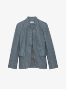 Verys Crinkled Leather Blazer - Women’s light blue crinkled leather blazer with 3/4-length sleeves.