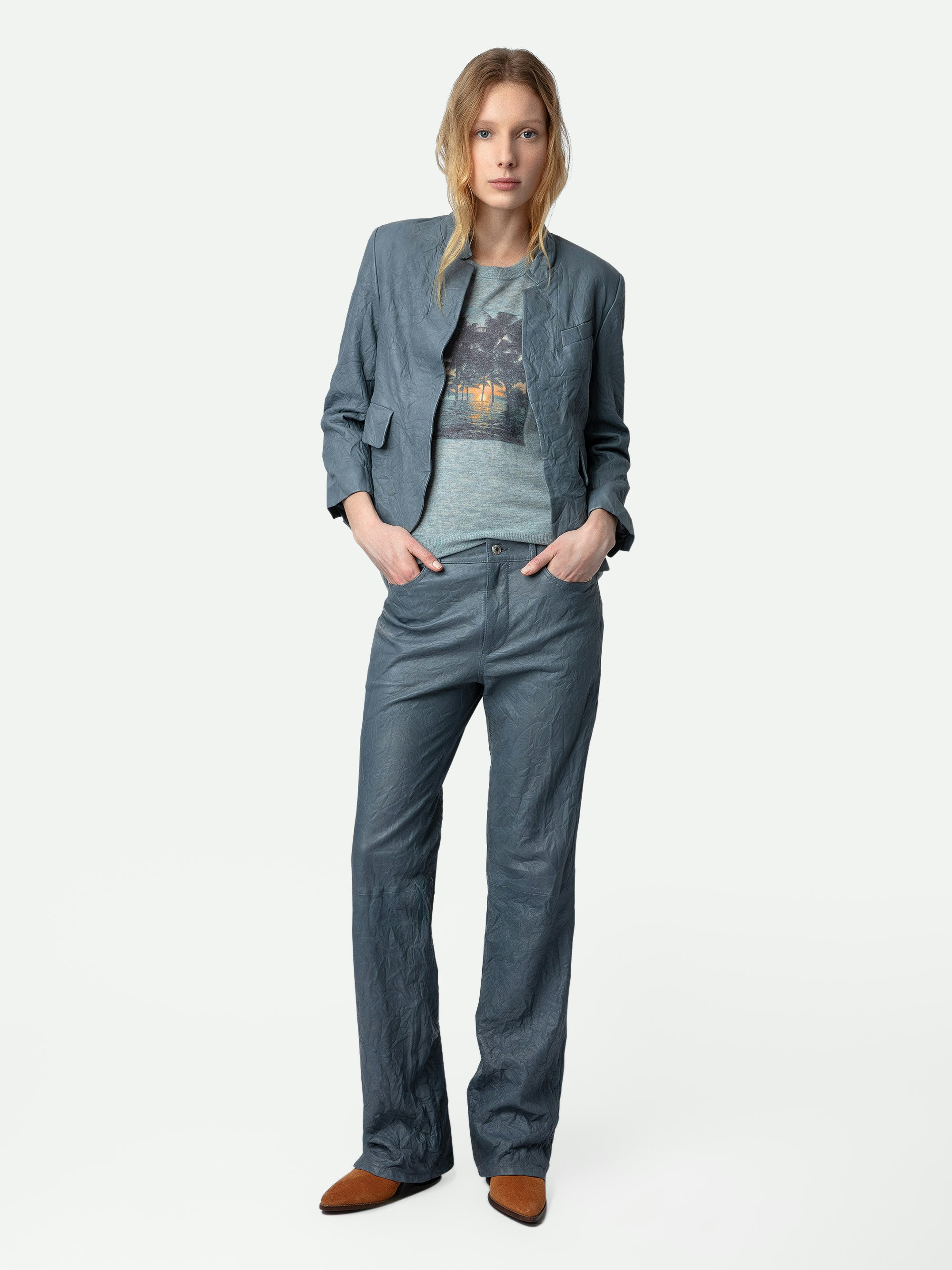 Verys Crinkled Leather Blazer - Women’s light blue crinkled leather blazer with 3/4-length sleeves.