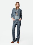 Verys Crinkled Leather Blazer - Women’s light blue crinkled leather blazer with 3/4-length sleeves.