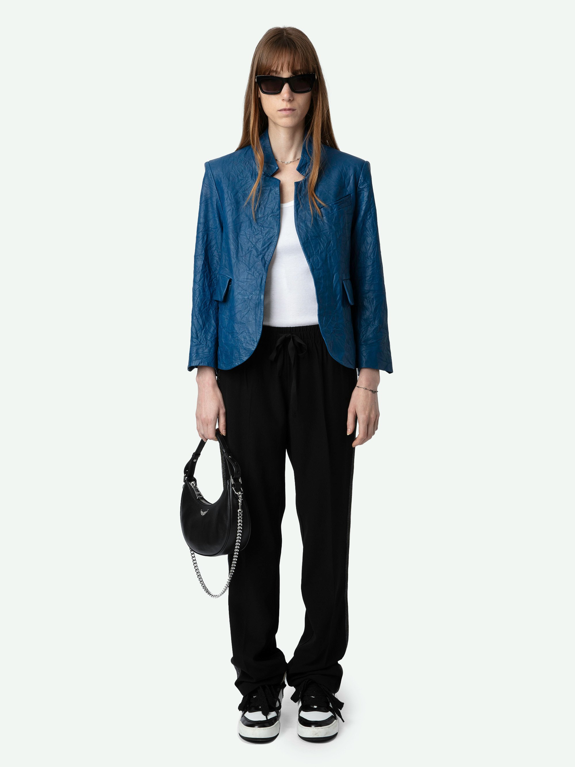 Verys Crinkled Leather Blazer - Blue crinkled leather blazer with 3/4-length sleeves.