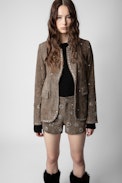 Very Creased Suede Jacket - Women’s creased suede jacket with silver-tone studs