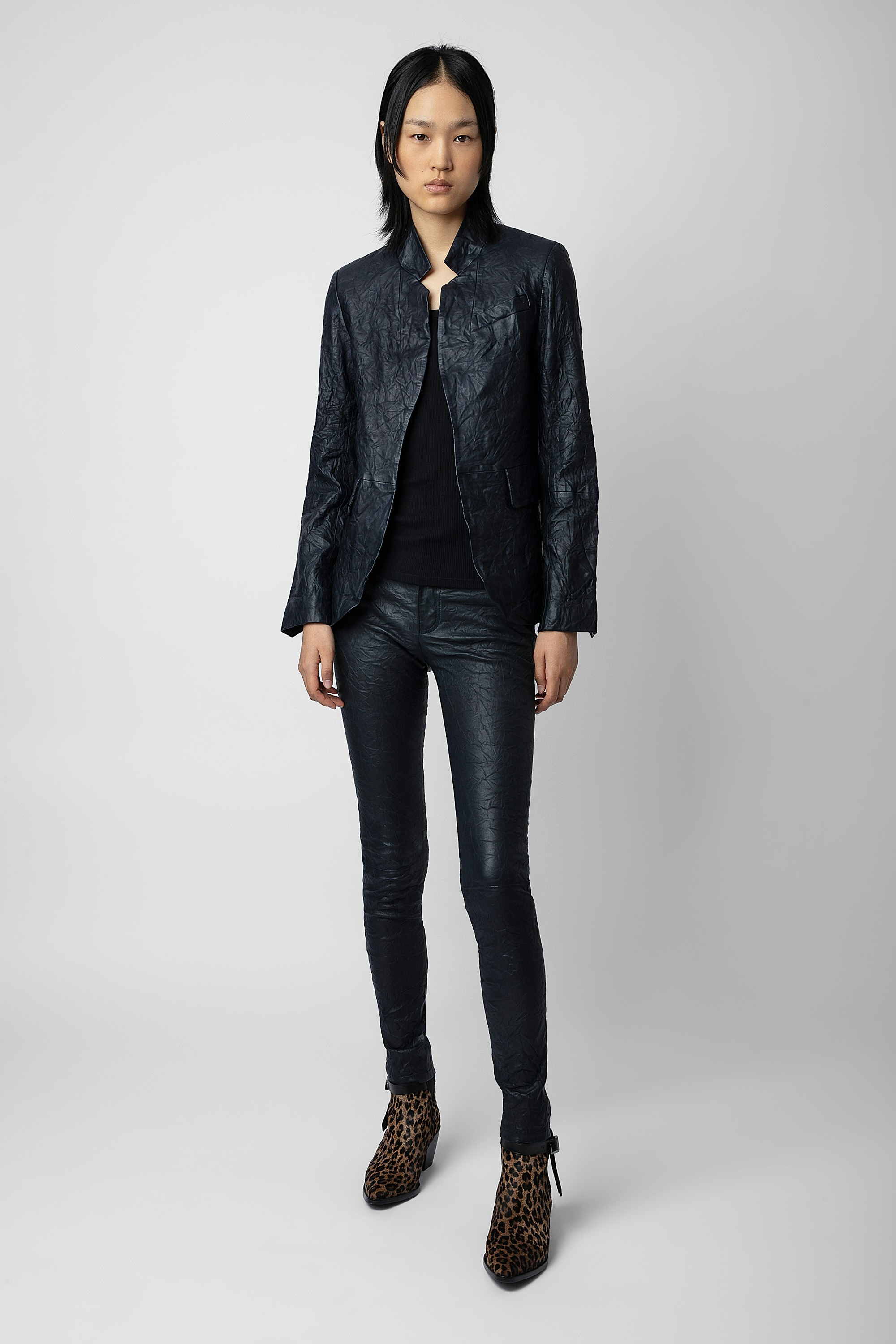Very Crinkled Leather Blazer - Women’s navy blue crinkled leather blazer.