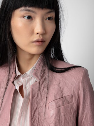 Blazer Very Cuir Froissé - Women's pink crinkled leather blazer.