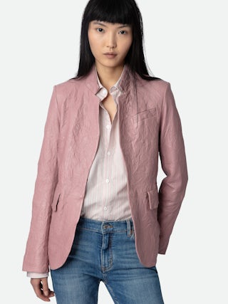 Blazer Very Cuir Froissé - Women's pink crinkled leather blazer.