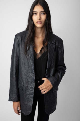 Blazer Venturi Cuir Froissé - Veste blazer en cuir froissé anthracite.