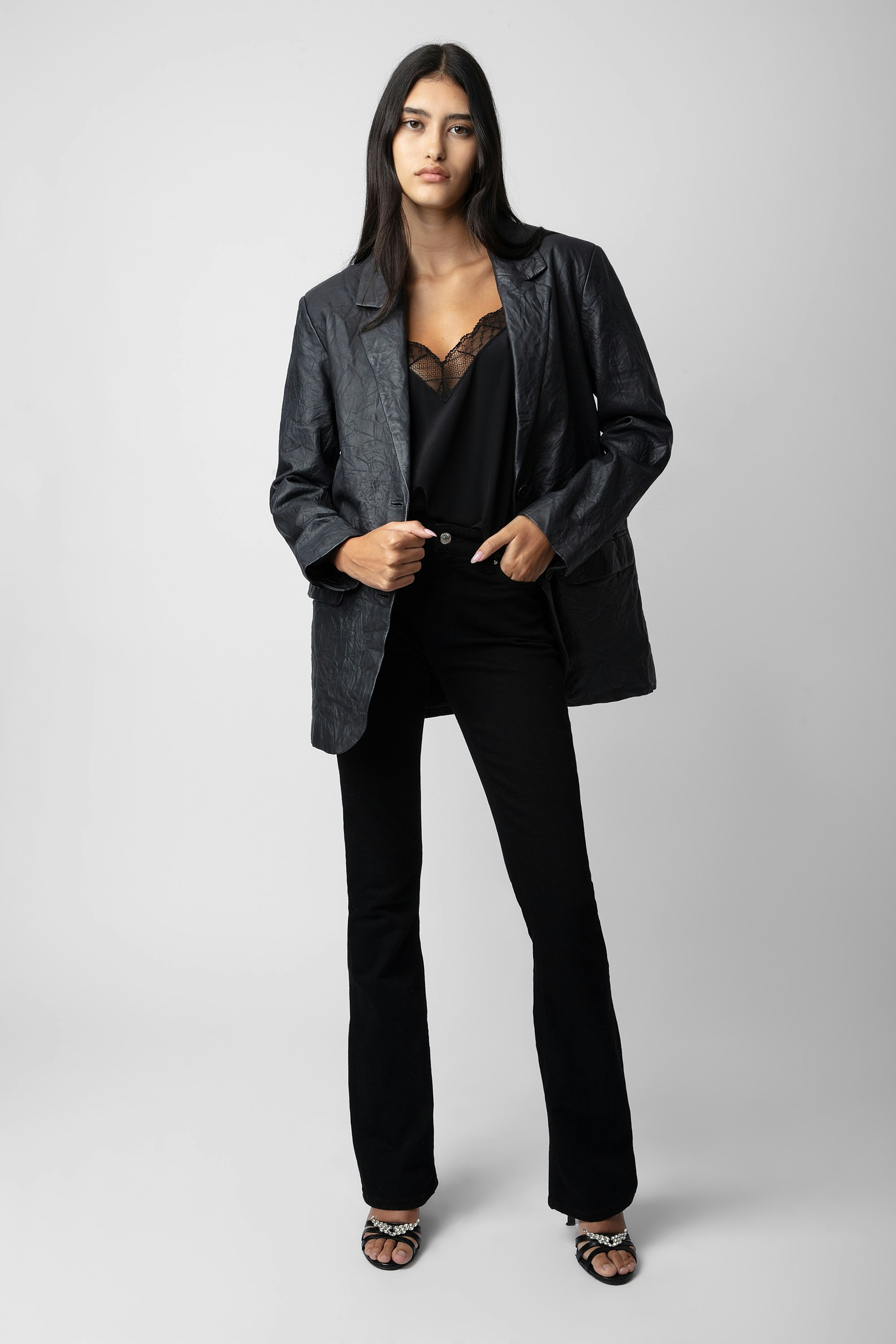 Blazer Venturi pelle stropicciata - Giacca blazer in pelle stropicciata antracite da donna.