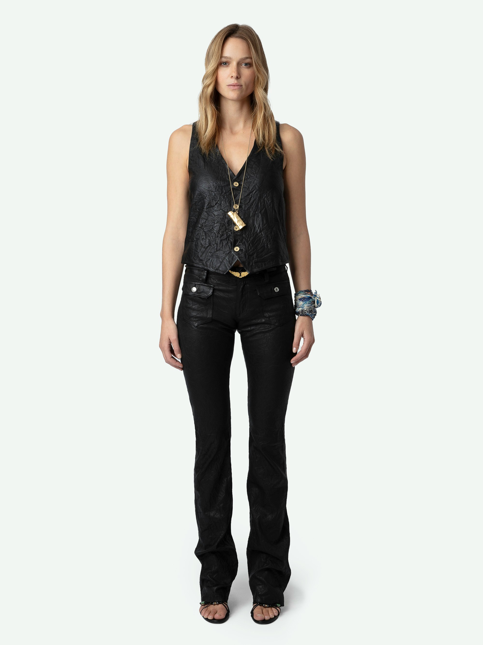 Emilie Crinkled Leather Vest - Sleeveless crinkled leather V-neck button-up waistcoat.