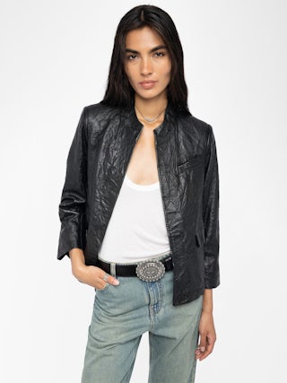 Veryn Crinkled Leather Blazer - Fitted blazer without buttoning in crinkle leather.