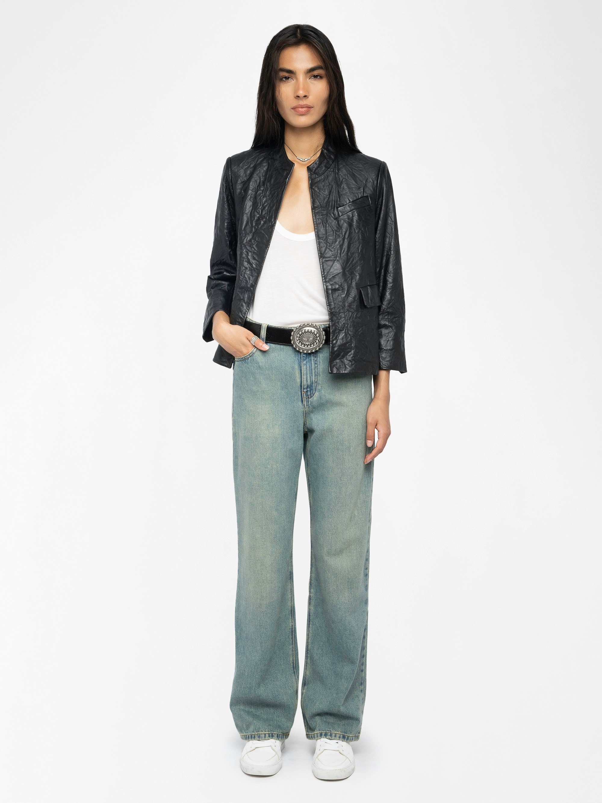 Veryn Crinkle Leather Blazer - Fitted blazer without buttoning in crinkle leather.