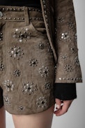 Scott Creased Suede Shorts - Women's creased suede shorts with silver-tone studs
