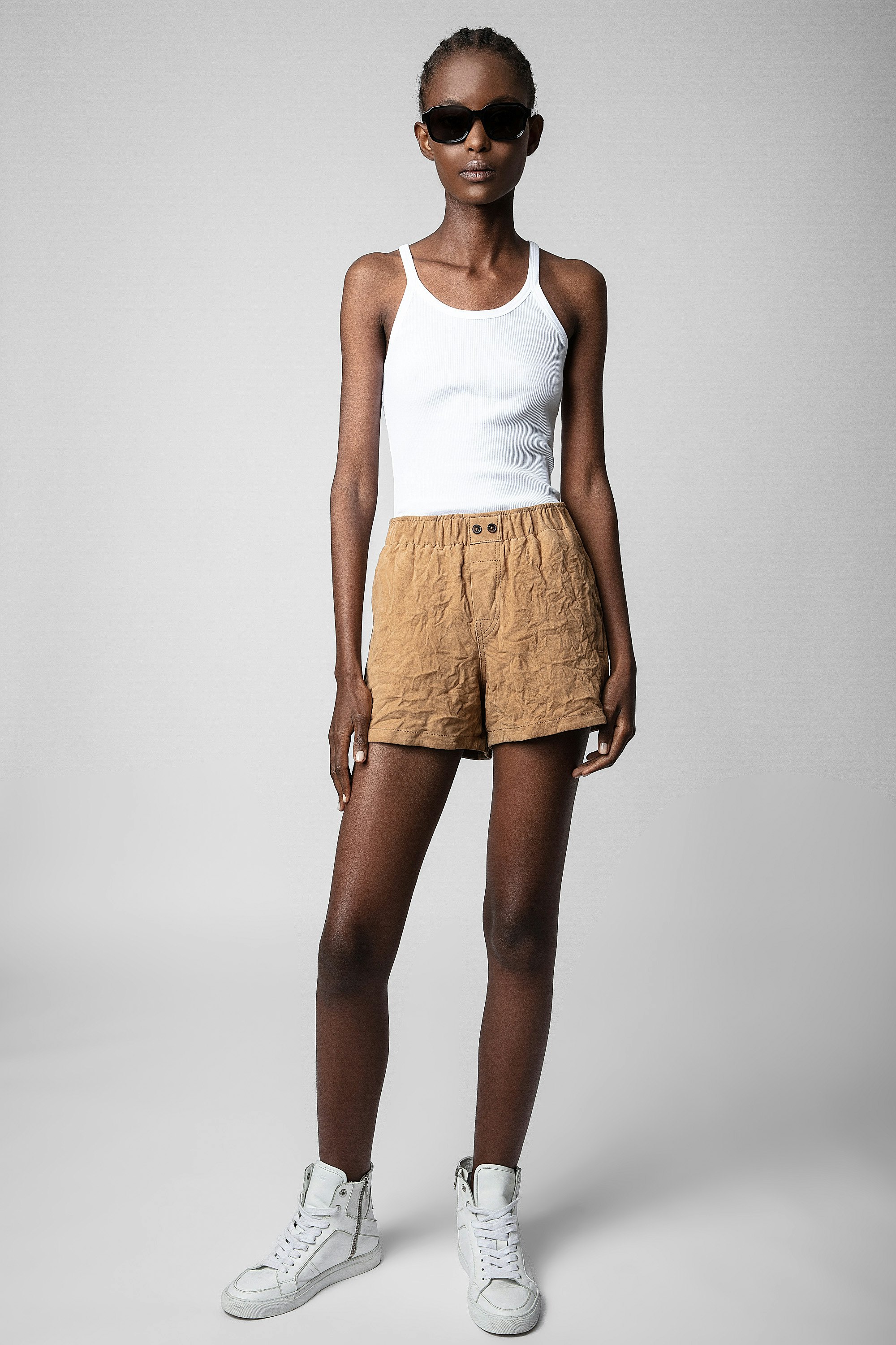 Paxi Creased Suede Shorts - Women's crinkled cognac suede shorts