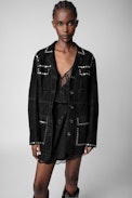 Lala Studded Suede Jacket - Women’s black suede jacket with silver-tone studs