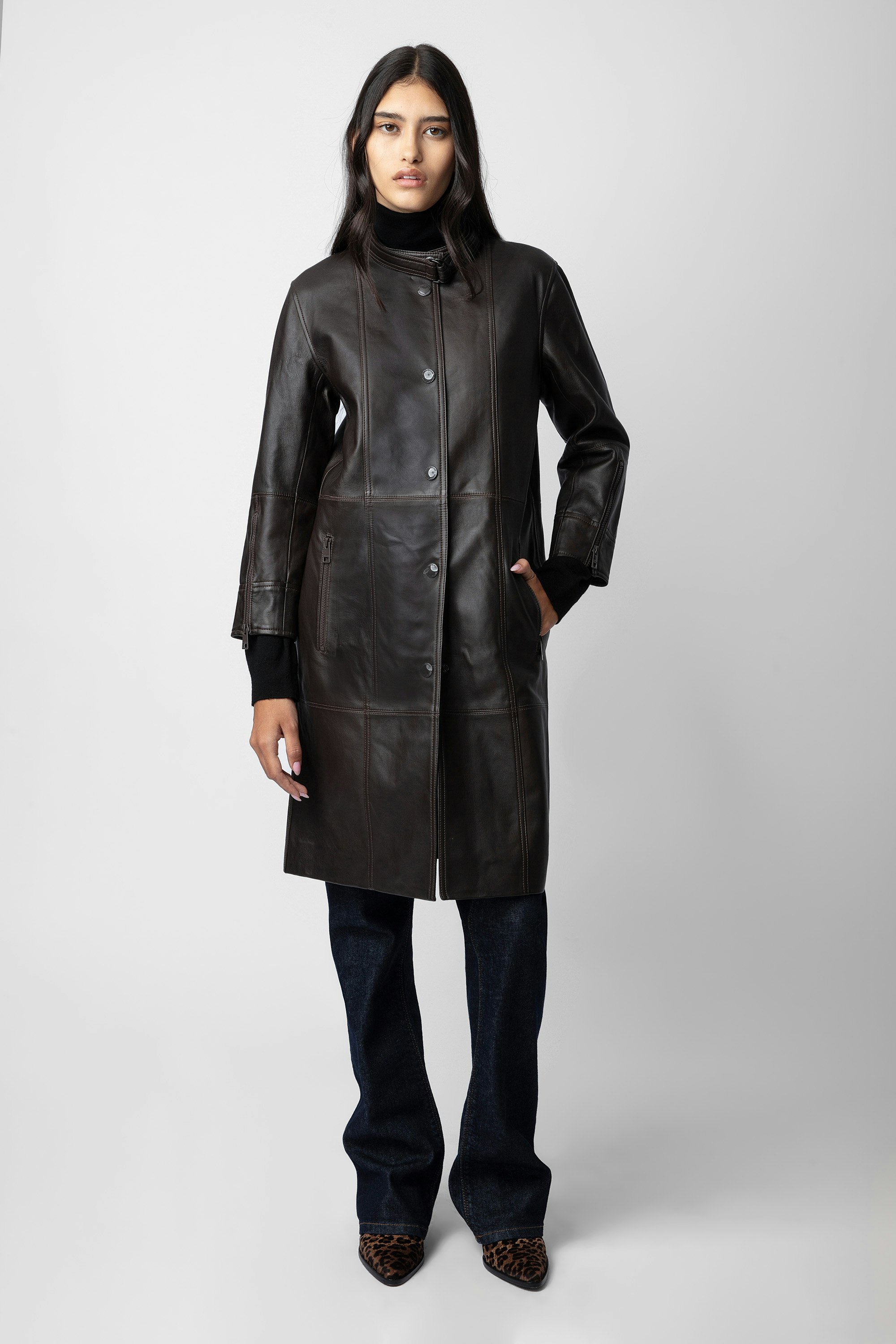 Mira Leather Coat - Women’s brown leather midi coat with strap.