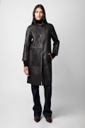 Mantel Mira Leder - Brauner halblanger Ledermantel mit Riemen für Damen.