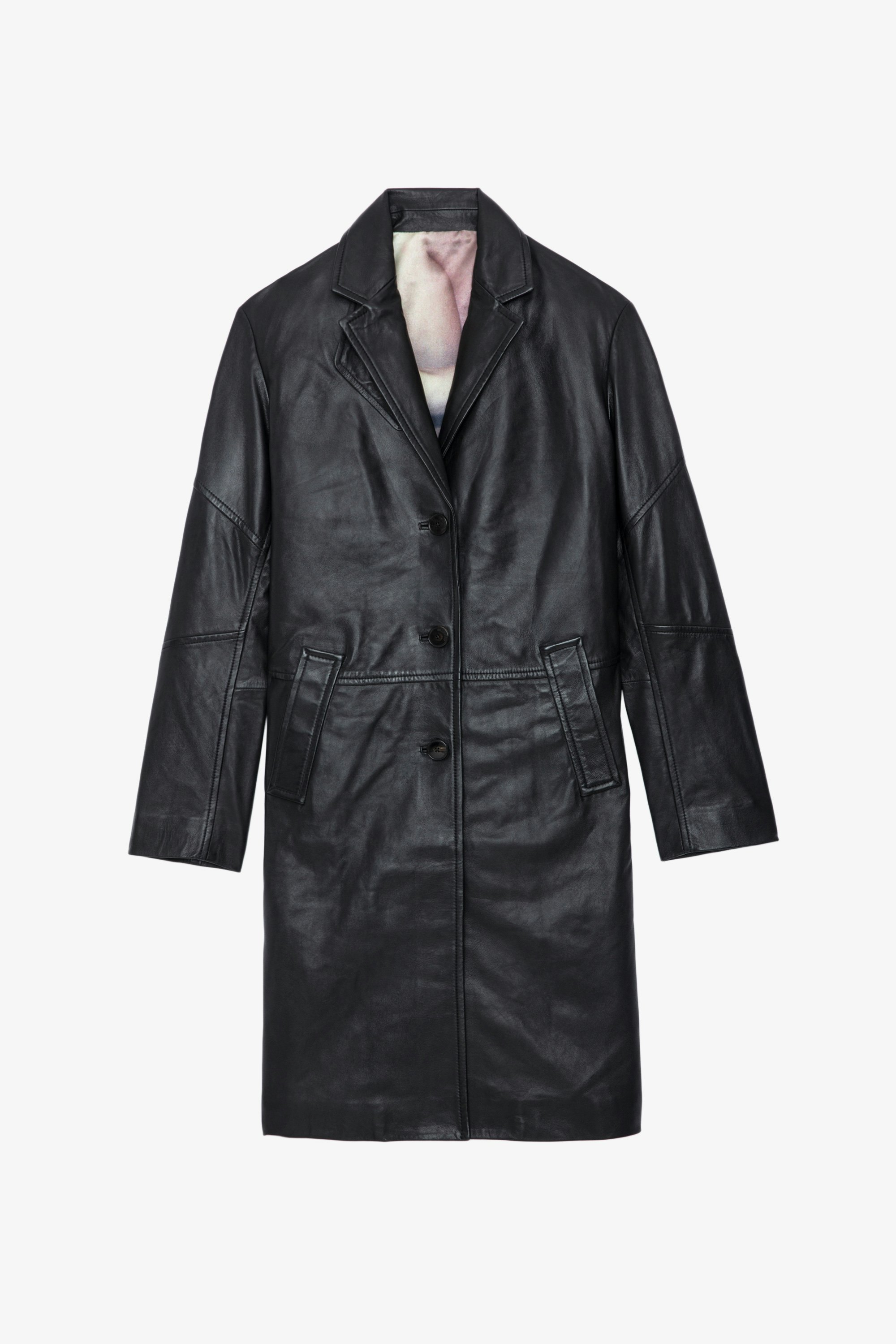 Macari Leather Coat - Long black smooth leather buttoned coat.