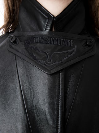 Manteau Macari Cuir - Manteau long boutonné en cuir lisse noir.