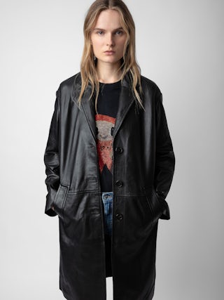 Manteau Macari Cuir - Manteau long boutonné en cuir lisse noir.